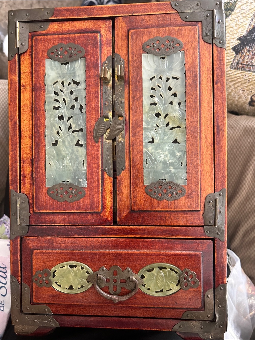 Ornate Wooden Jewelry Armoire in Burnt Orange Finish